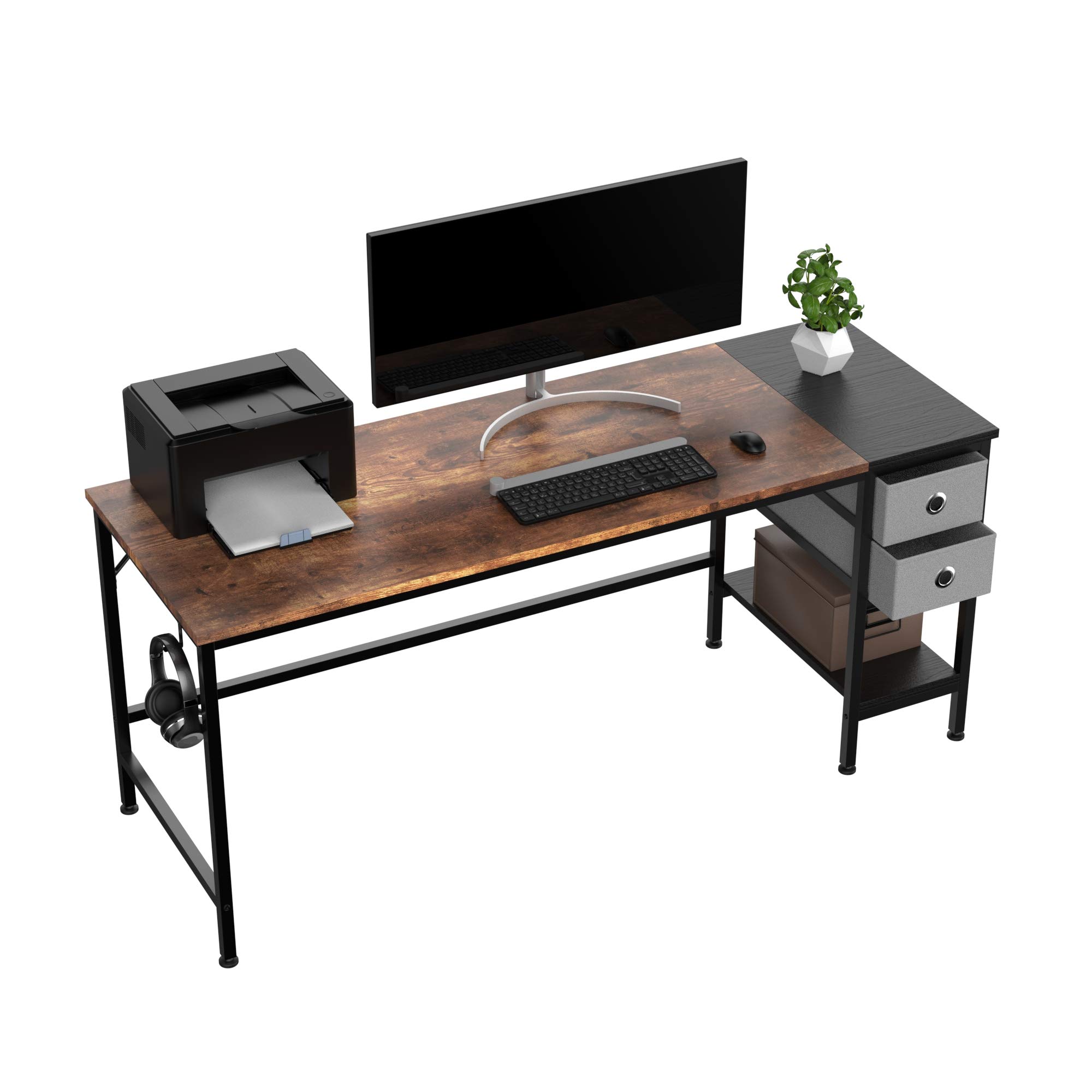 HOMIDEC 160 cm Computer Desk with 2 Drawers, Office Work Writing Desk with Headphone Hook for Student and Worker, Laptop Table with Shelves, Modern Style Desks for Home, Office(160x60x75cm)