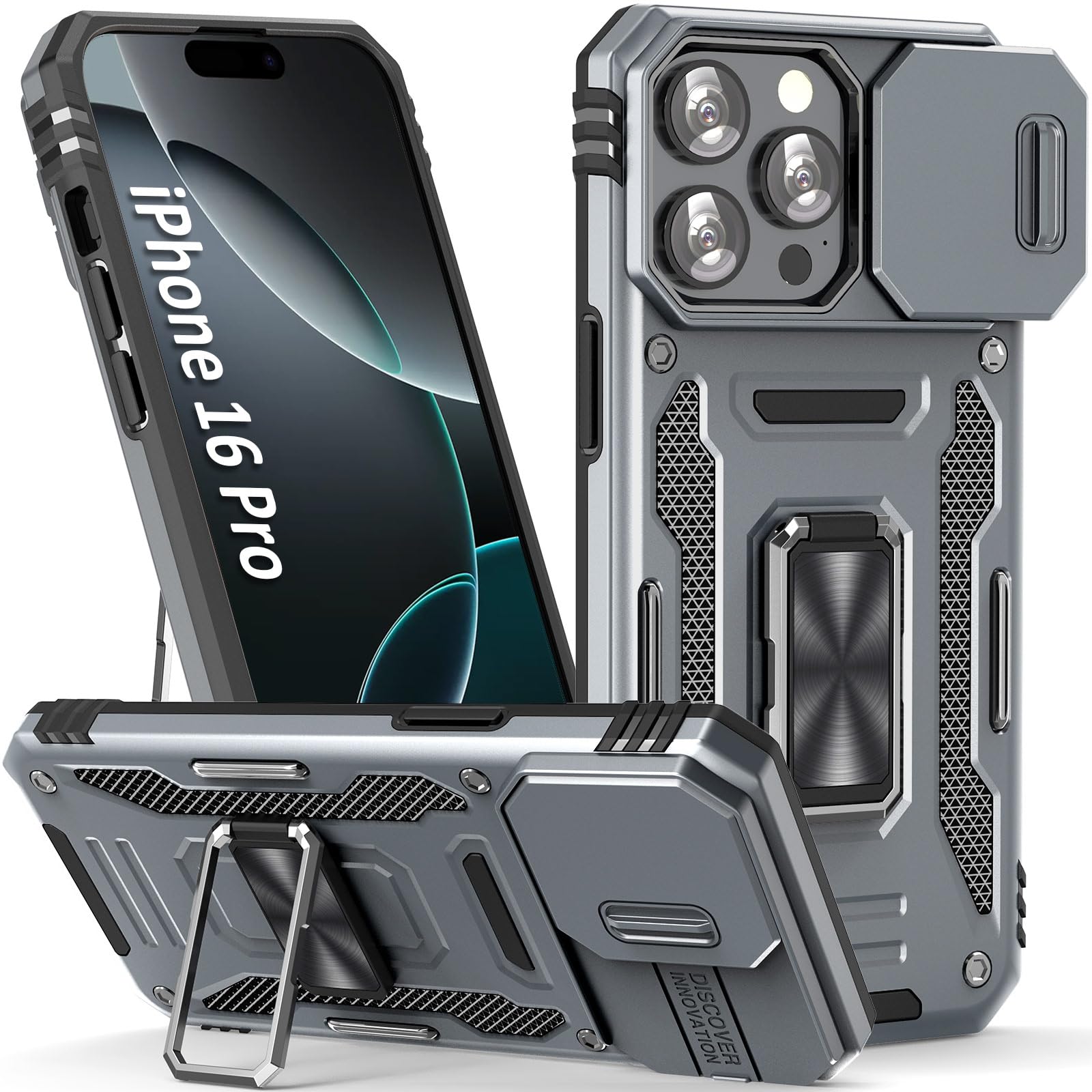 SEFING Phone Case for 16 Pro iPhone Case iPhone 16 Pro Phone Case with Kickstand Ring Holder, with Camera Cover, with Magnet Car Mount Function, for iPhone 16 Pro (Grey)