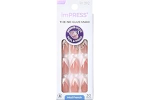 KISS imPRESS No Glue Mani Press-On Nails, French, 'Glimpse', Light Neutral + White Tip French, Medium Size, Coffin Shape, Includes 30 Nails, Prep Pad, Instructions Sheet, 1 Manicure Stick, 1 Mini File