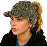 ChicPony™ Merino Wool Visor Ponytail Beanie with Brim Fleece Lined 3 Bun Openings Hole Warm Windproof Knit Cap Winter Hat