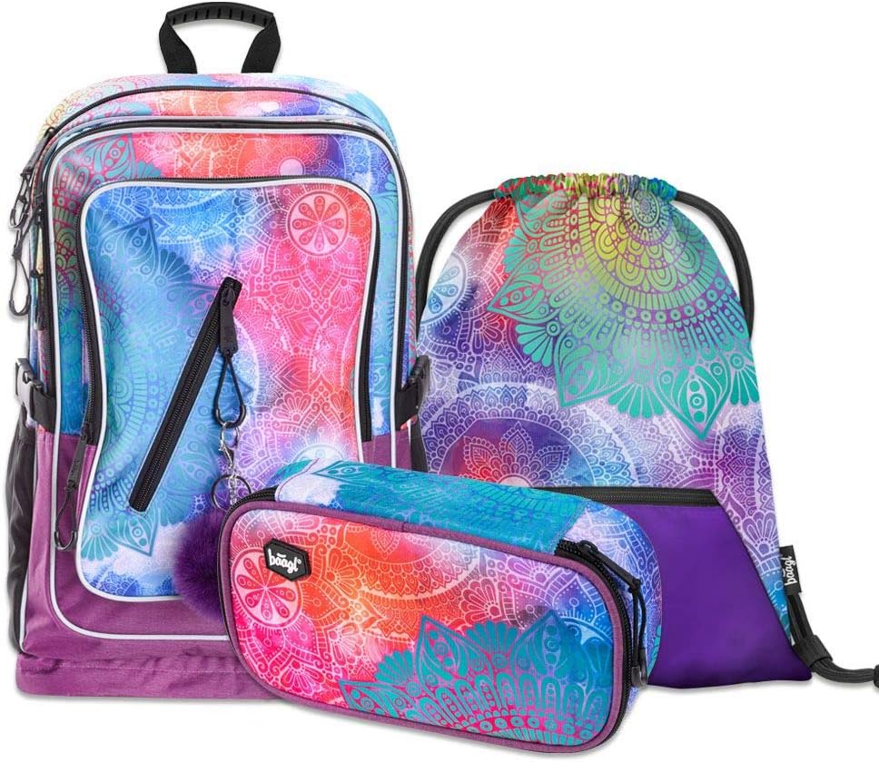 Schulrucksack Set Mädchen 3 Teilig - Schultasche ab 3. Klasse - Grundschule Ranzen mit Brustgurt - Ergonomischer Schulranzen (Mandala)