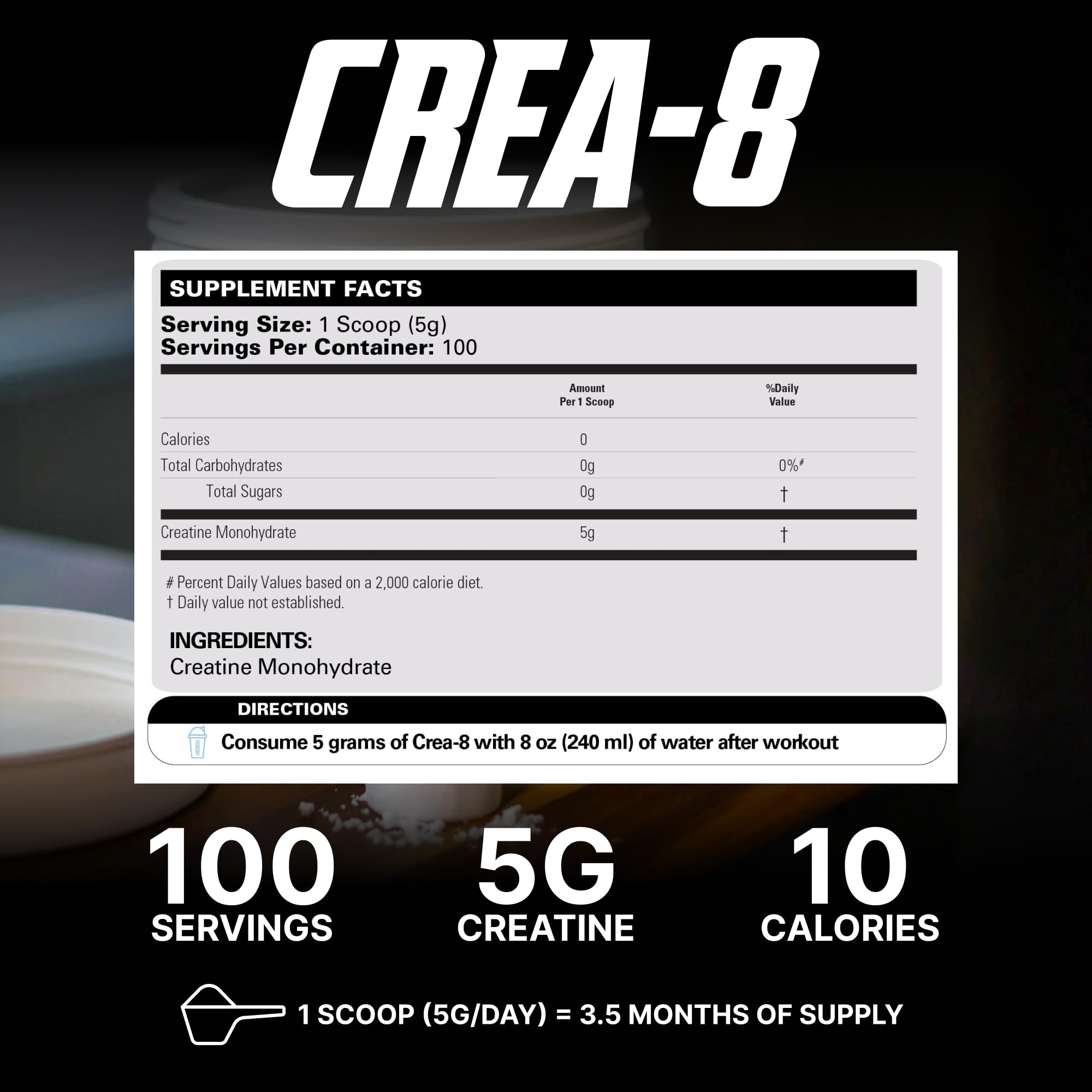 EHP Labs CREA-8 Micronized Creatine Monohydrate Powder - Unflavored Creatine Powder for Muscle Growth, Increased Strength, Enhanced Energy Output and Improved Performance - 100 Servings (500g)