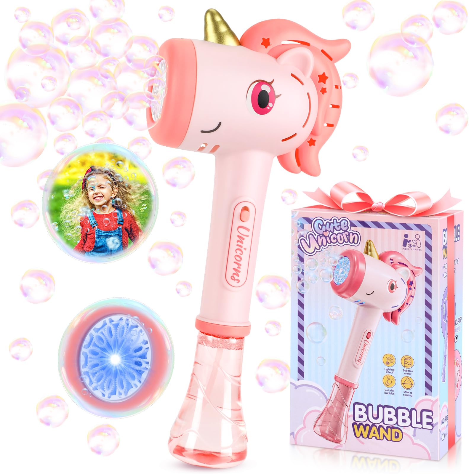 Getatoy Toys for 3+ Year Old Girls Kids: Unicorn Bubble Wand with Cool Light Gifts for Age 4 5 6 7 8 Years Old Kids Baby Bubble Machine for Parties Birthday for Toddler Ages 3-8