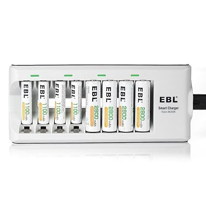 EBL Batterieladegerät für AA AAA NI-MH Akkus inkl. 4X AA 2800mAh, 4X AAA 1100mAh, 8-Fach Akku Ladegerät mit LED Anzeige
