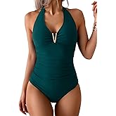 B2prity One Piece Swimsuit for Women Tummy Control Halter Bathing Suit V Neck Push Up Swim Suit Ruched Swimwear