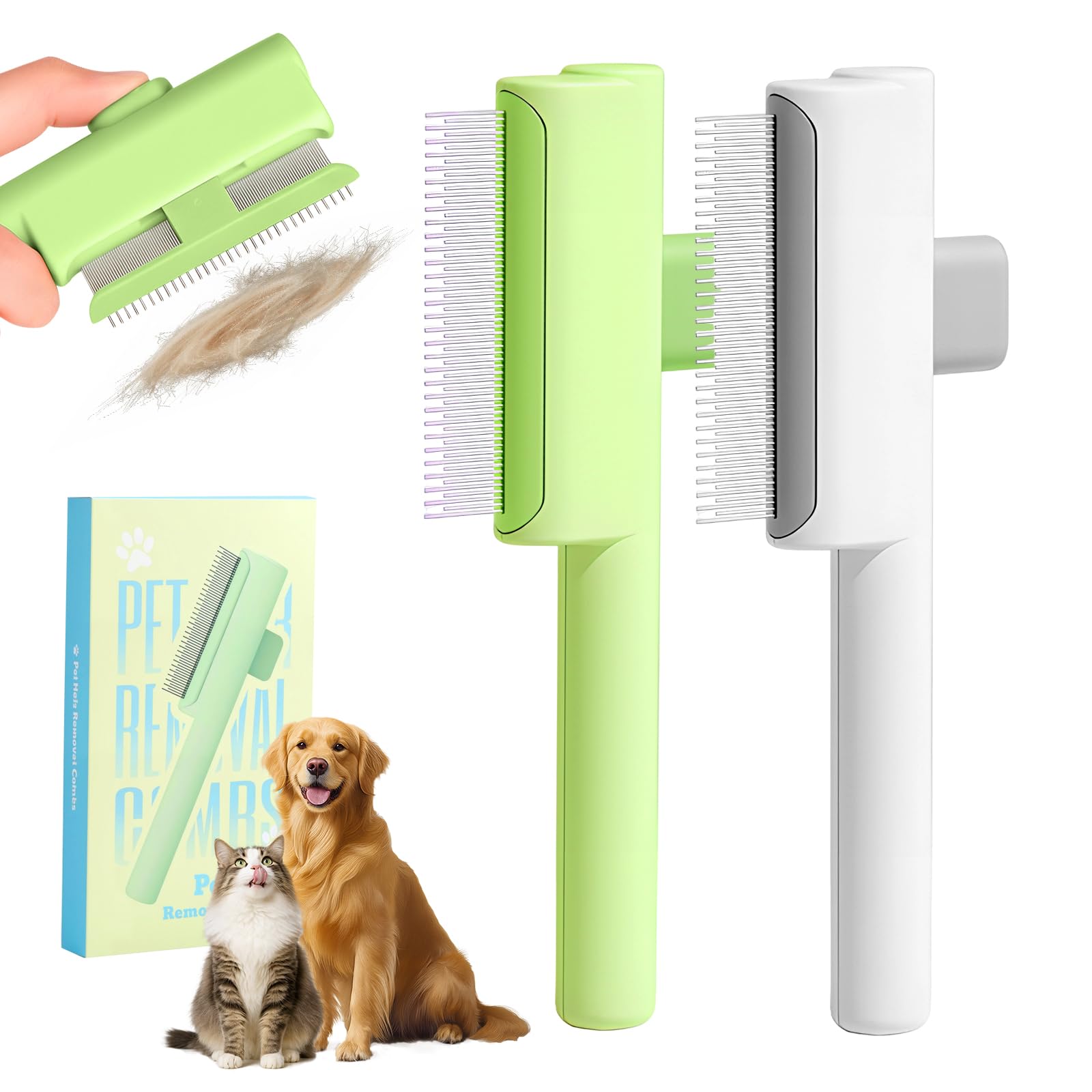 Photo 1 of 2 Pack Flea Comb for Cat Dog, 2025 Upgraded Pet Hair Removal Comb with Release Button,Self-Cleaning Pet Grooming Brush for Shedding, Massaging, Short & Long Hair (White+Green)
