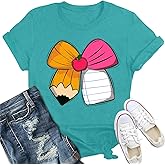 IFQ Teacher Shirts for Women Cute Bow Pencil Teacher T-Shirt Back to School Teaching Life Tee