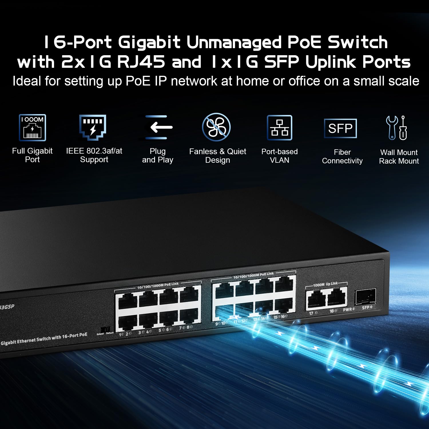 Binardat 19 Port Gigabit POE Switch, 16 POE+ Ports 1000Mbps, 2 Gigabit Uplink, 1 Gigabit SFP, IEEE802.3af/at, 300W Internal Power Supply, Metal Case Unmanaged Plug and Play 2