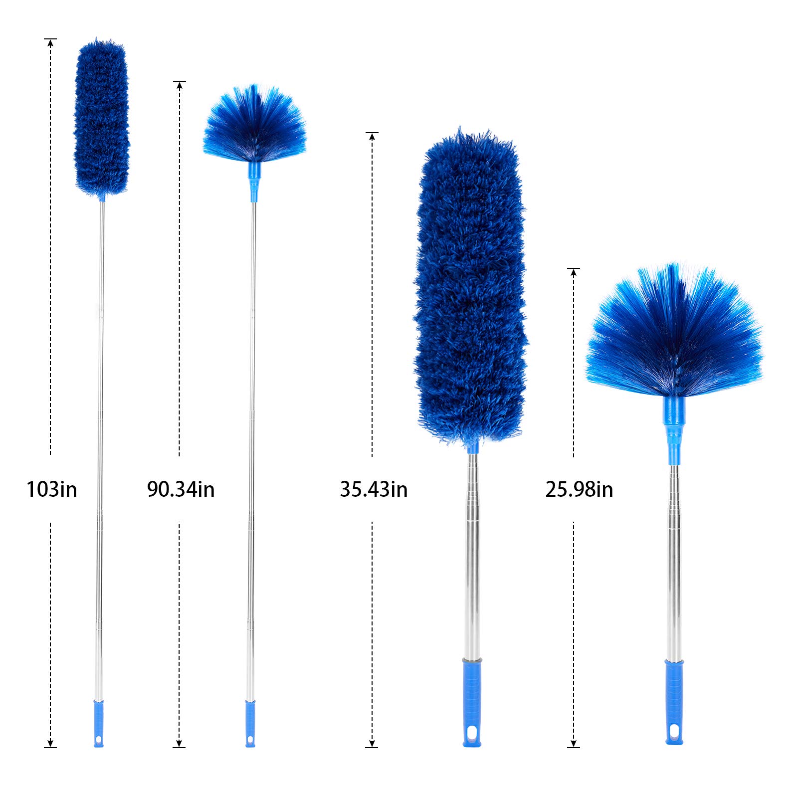 Cobweb Duster with Extension Pole, Washable Cleaning Duster Kit with 2 Duster Heads, Cobweb Duster, Corner Brush, 15-100 Inch Long Aluminum Telescoping Pole for Ceiling Fan (Blue)