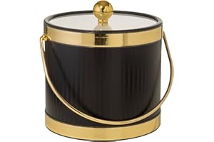 MR. ICE BUCKET BY STEPHANIE IMPORTS Hand Made In USA Black With Dual Gold Bands Double Walled 3-Quart Insulated Ice Bucket With Ice Tongs (Metallic Deco Collection)