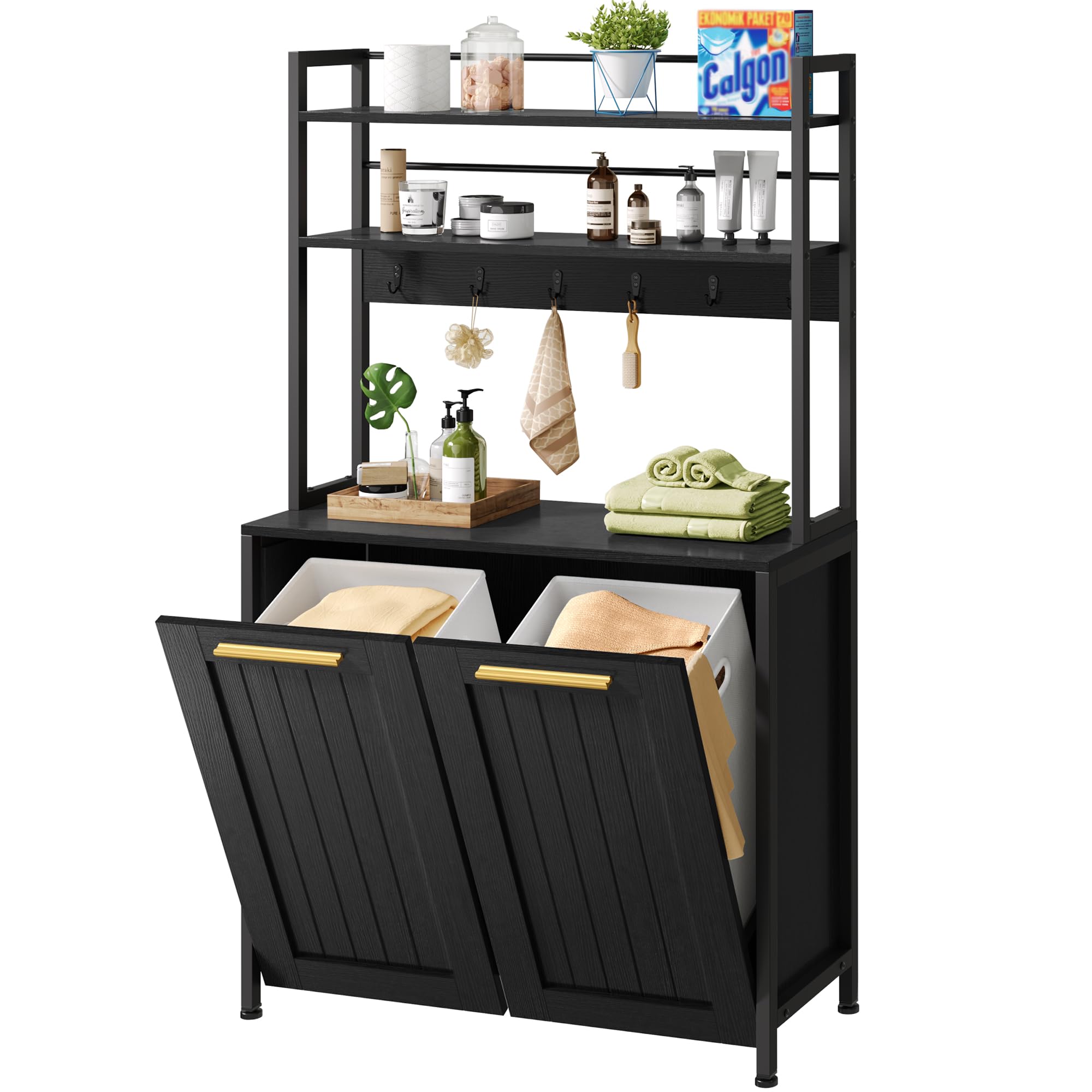 Photo 1 of DWVO Laundry Hamper with Shelves, 3-Tier Laundry Hamper Cabinet 53" Tilt Out Hamper with 6 Hooks and 2 Removable Laundry Baskets for Laundry Room Bathroom, Black