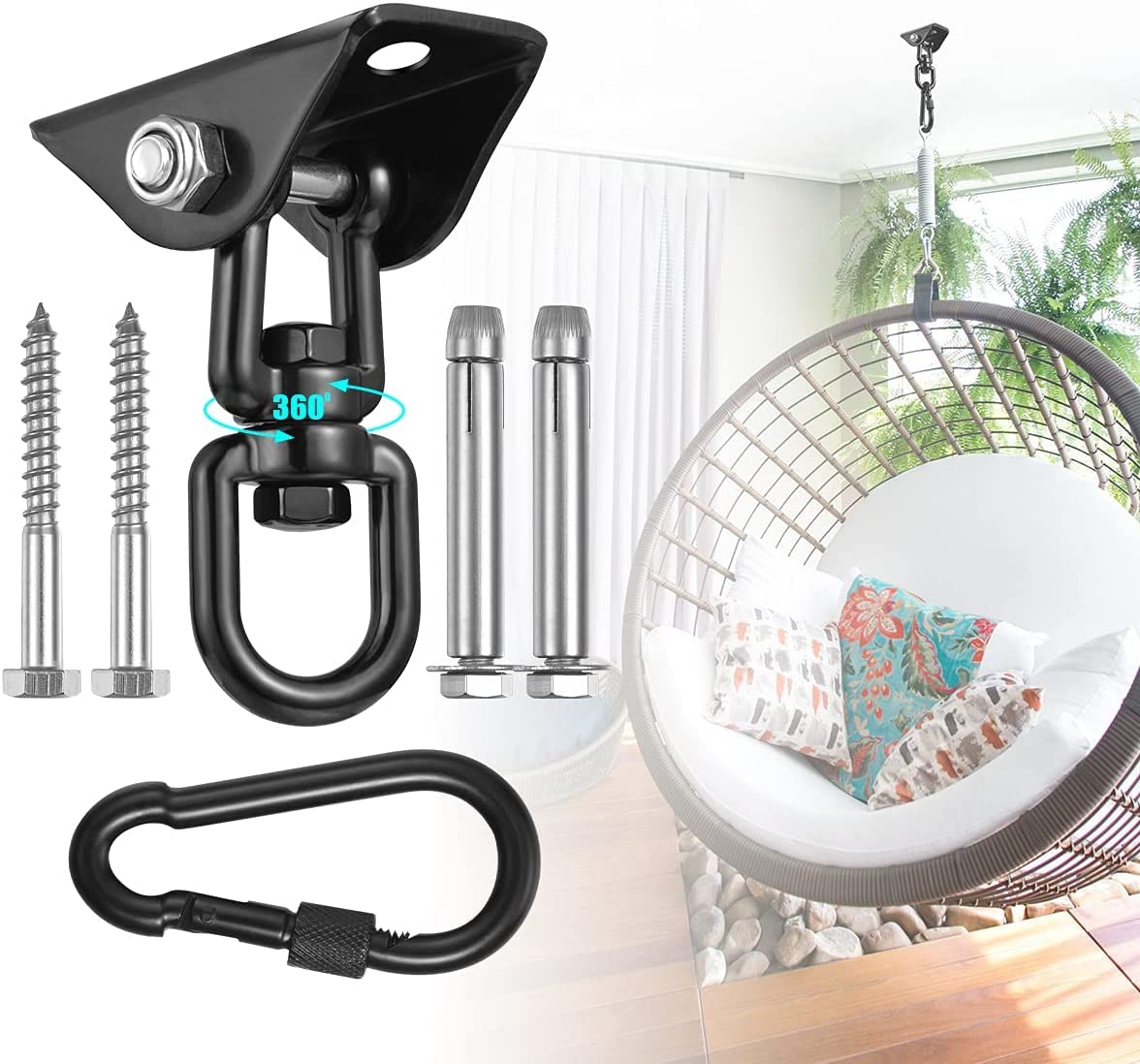 AkoaDa Hammock Hanging Kit, Heavy Duty Swing Hangers, 1200 lb Stainless Steel 360° Rotate Hammock Chair Hanging Kit Suspension Hooks with Bolt for Swing Chair, Yoga, Indoor Outdoor Ceiling Hook Etc