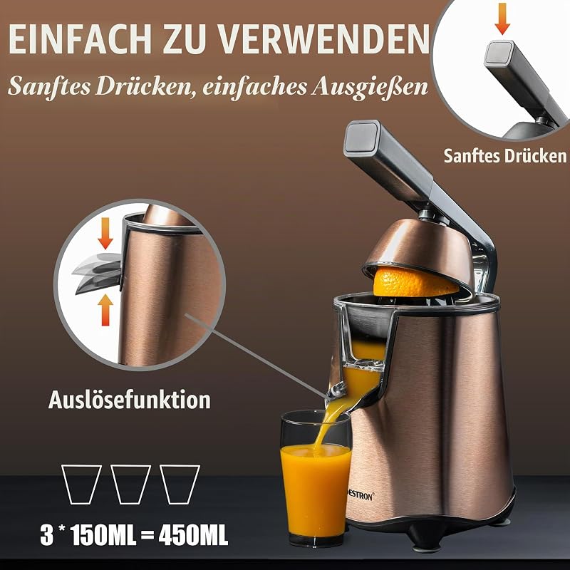 elektrische Saftpresse, Orangenpresse mit Auslauf-Stopp Funktion & edelstahl Fruchtfleischsieb, inkl. 2 Presskegel, 450ml Kapazität, Soft-Press Hebel für einfache Bedienung, Farbe: Kupfer