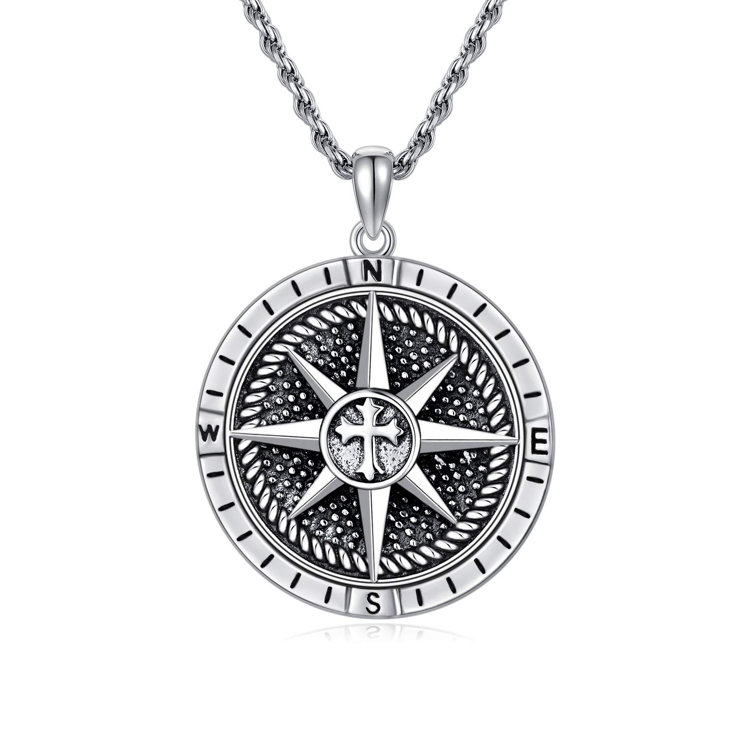 PDTJMTG Compass Necklace Sterling Silver Pendant with Stainless Steel Chain Graduation Necklace Jewelry Gift for Men Women