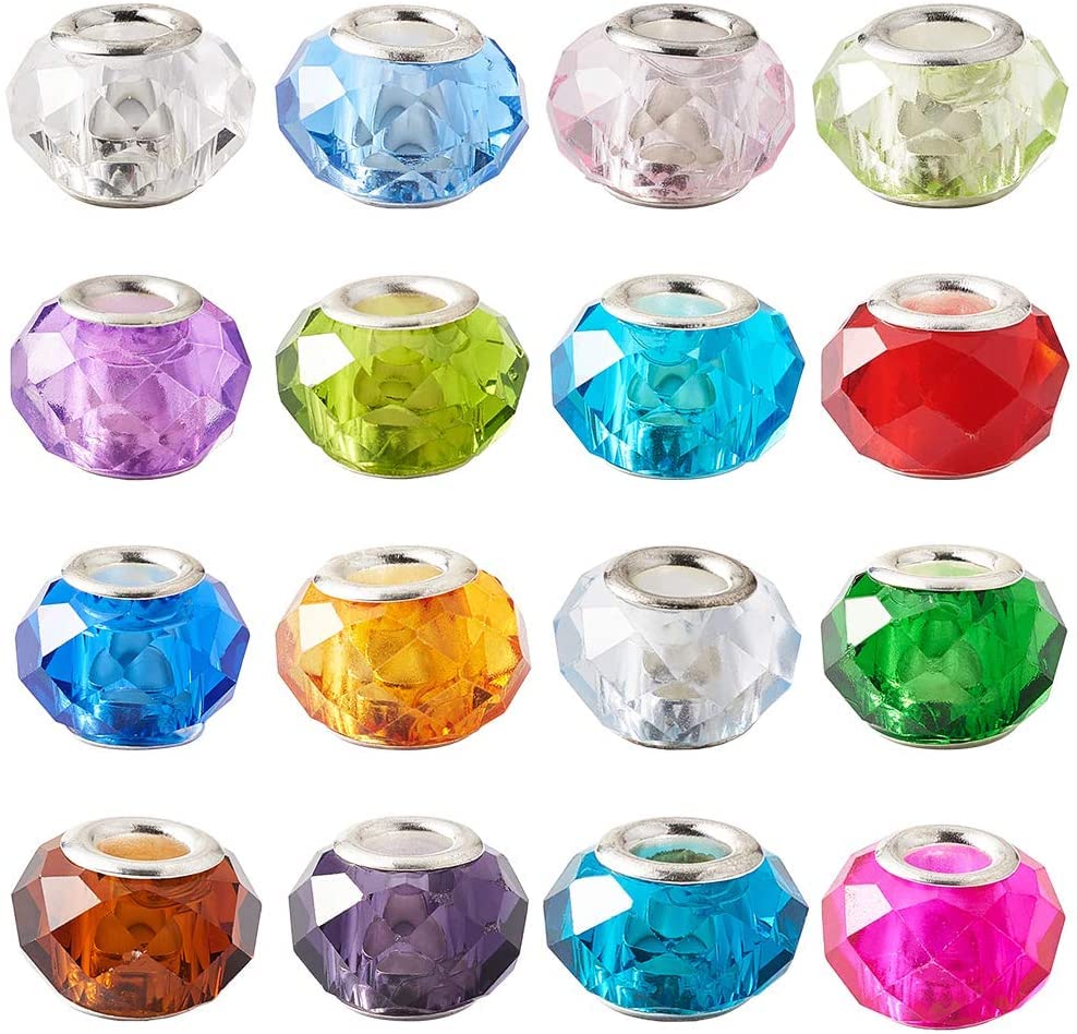 PandaHall 100pcs Faceted Murano Glass Beads 14mm Large Hole European Glass Beads with Silver Core for Jewelry Making