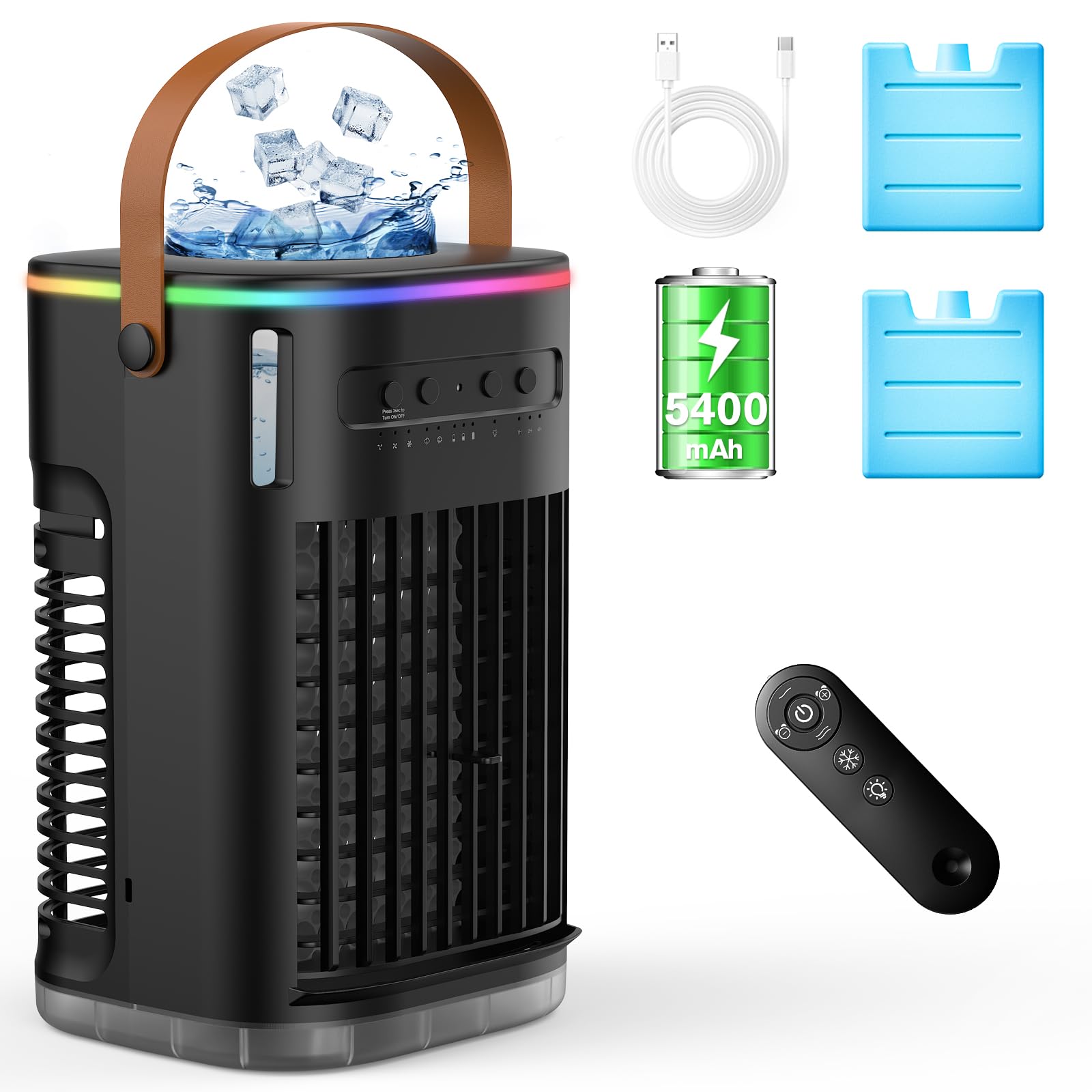 AIRTHRYL 5 IN 1 Small Portable Air Conditioner, Evaporative Air Cooler with 3 Speeds, 2 Ice Packs, 5400mAh Built-In Battery