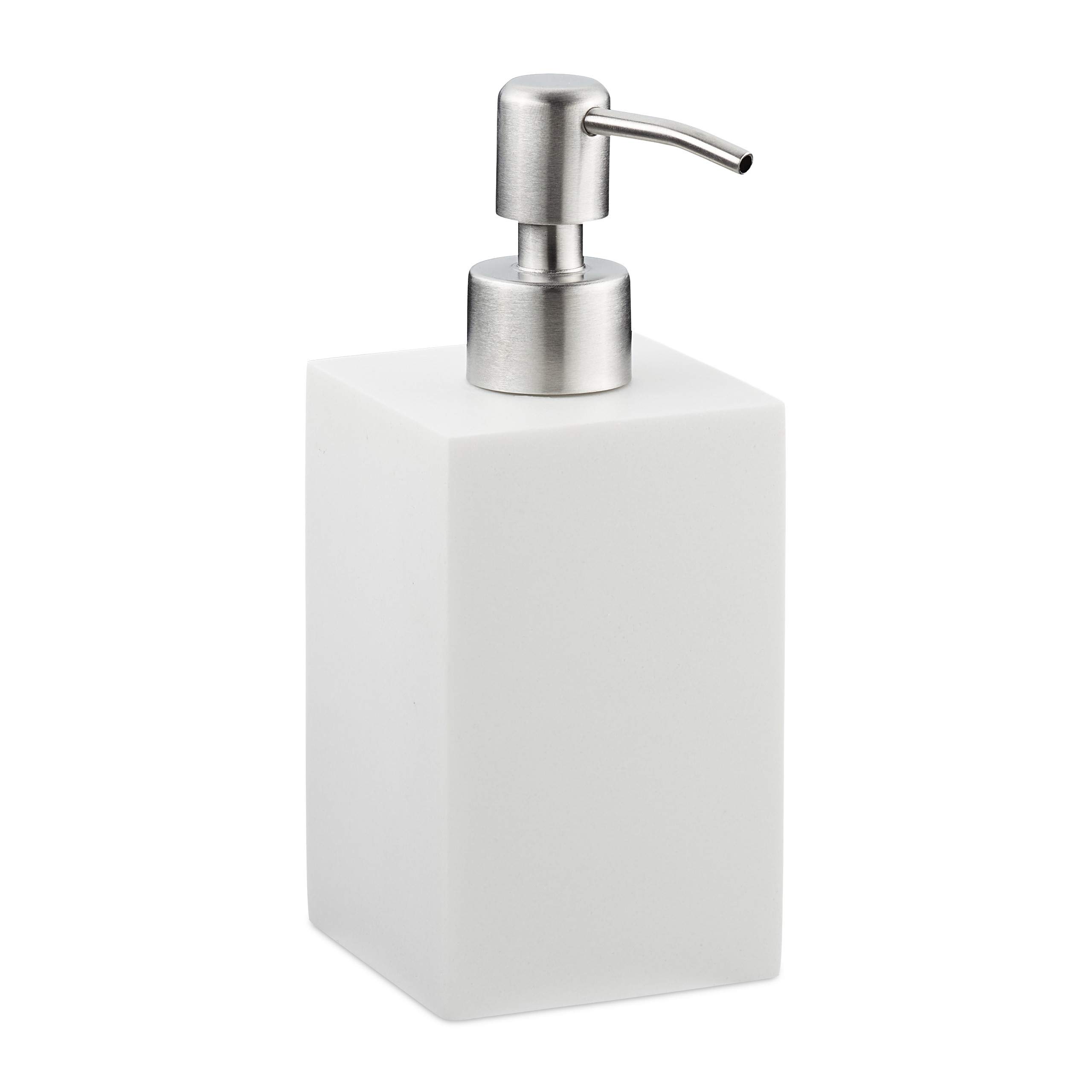 Relaxdays Soap Dispenser, Rectangular, 300 ml, Refillable, Bathroom, for Liquids, Polyresin, Stainless Steel Pump, White