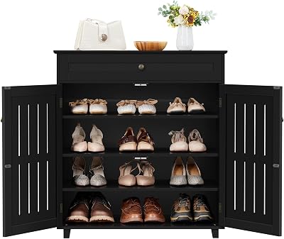 Yaheetech Shoe Cabinet 4-Tier Storage with Drawer 2 Doors Black