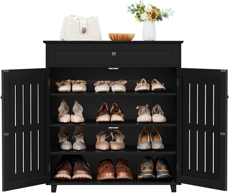 Yaheetech Shoe Cabinet 4-Tier Storage with Drawer 2 Doors Black
