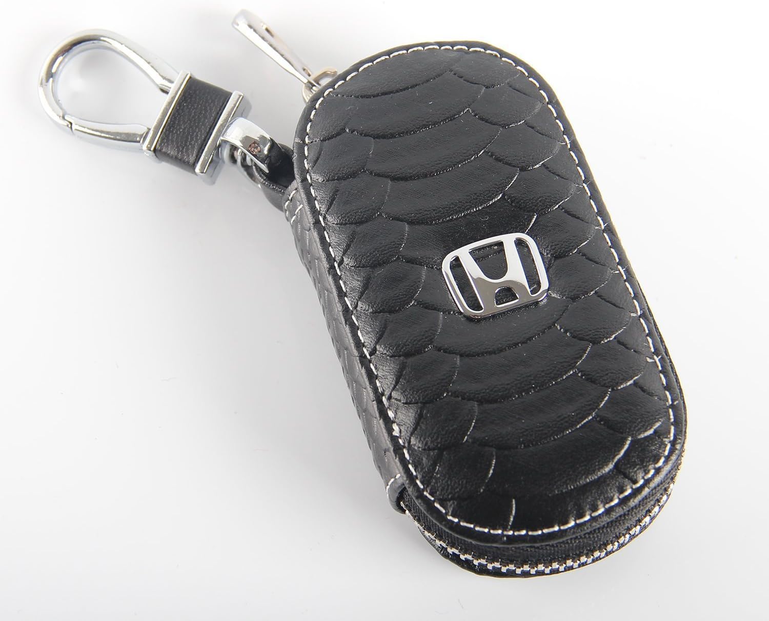 Key chain Bag Oval fish scale stripes Genuine Leather Ring Holder Case Car Auto Coin Universal Remote Smart Key cover Fob Alarm Security Zipper keychain Wallet Bag (Black, Honda)