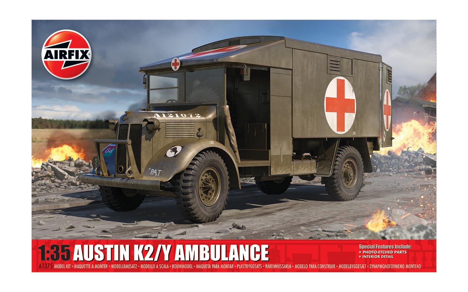 Airfix Model Set - A1375 Austin K2/Y Ambulance Model Kit - Plastic Motor Vehicle Model Building Kit for Adults & Children 8+, Set Includes Sprues & Decals - 1:35 Scale Model, Red — image 1