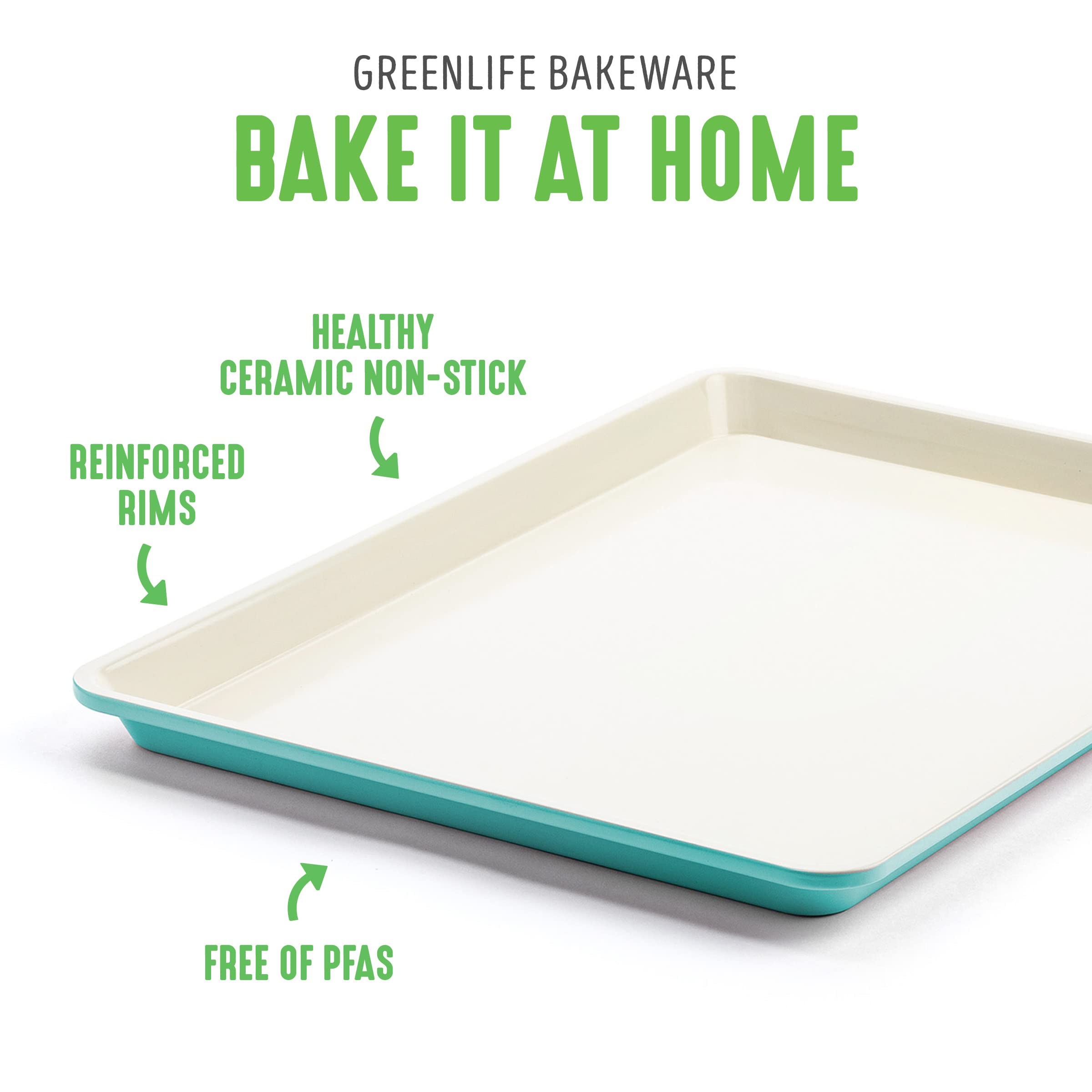 GreenLife Bakeware Healthy Ceramic Nonstick, 4 Piece Toaster Oven Baking Set with Cookie Sheet Muffin and Cake Pan, PFAS-Free, Turquoise