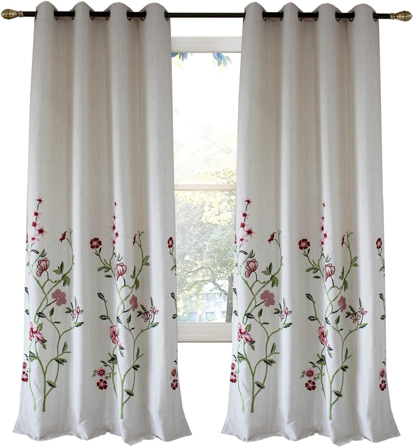 Anady Top Off White Linen Red Floral Curtains 2 Panel