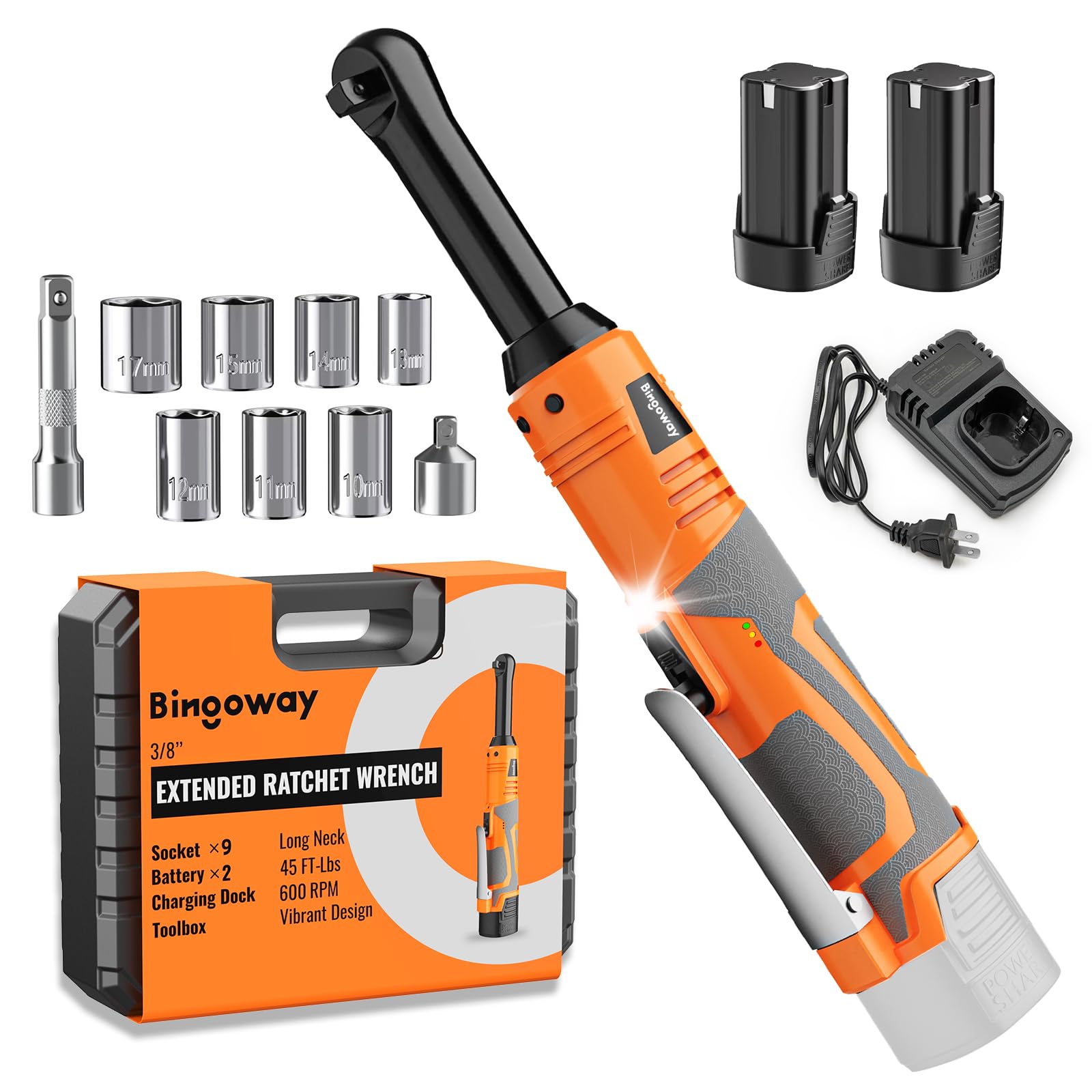 Photo 1 of 3/8" Extended Electric Ratchet Wrench Set, 45ft-lbs(61N.m) 16V Cordless Long Neck Power Ratchet Wrench Kit with 2pcs Batteries, LED Light, 9 Sockets, Toolbox, Variable Speed, For Housework, Car Repair