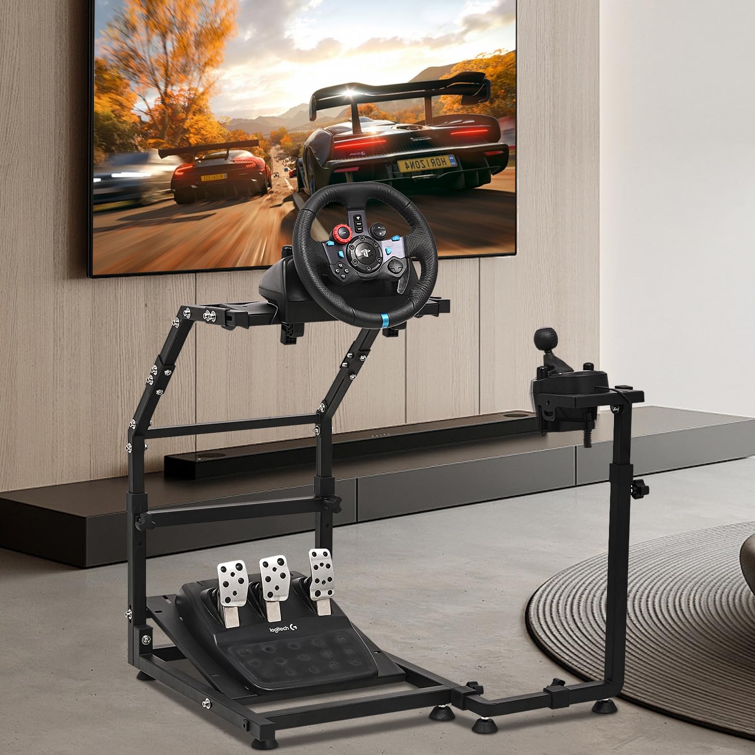 CXRCY Soporte para volante de carreras, altura ajustable y plegable, compatible con cabina de juego Logitech G920 G29 G27 G25 (rueda y pedales no incluidos)