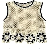 GORGLITTER Women's Crochet Knit Sweater Vests Floral Hollow Out Sleeveless Cardigan Tank Tops Beige Small