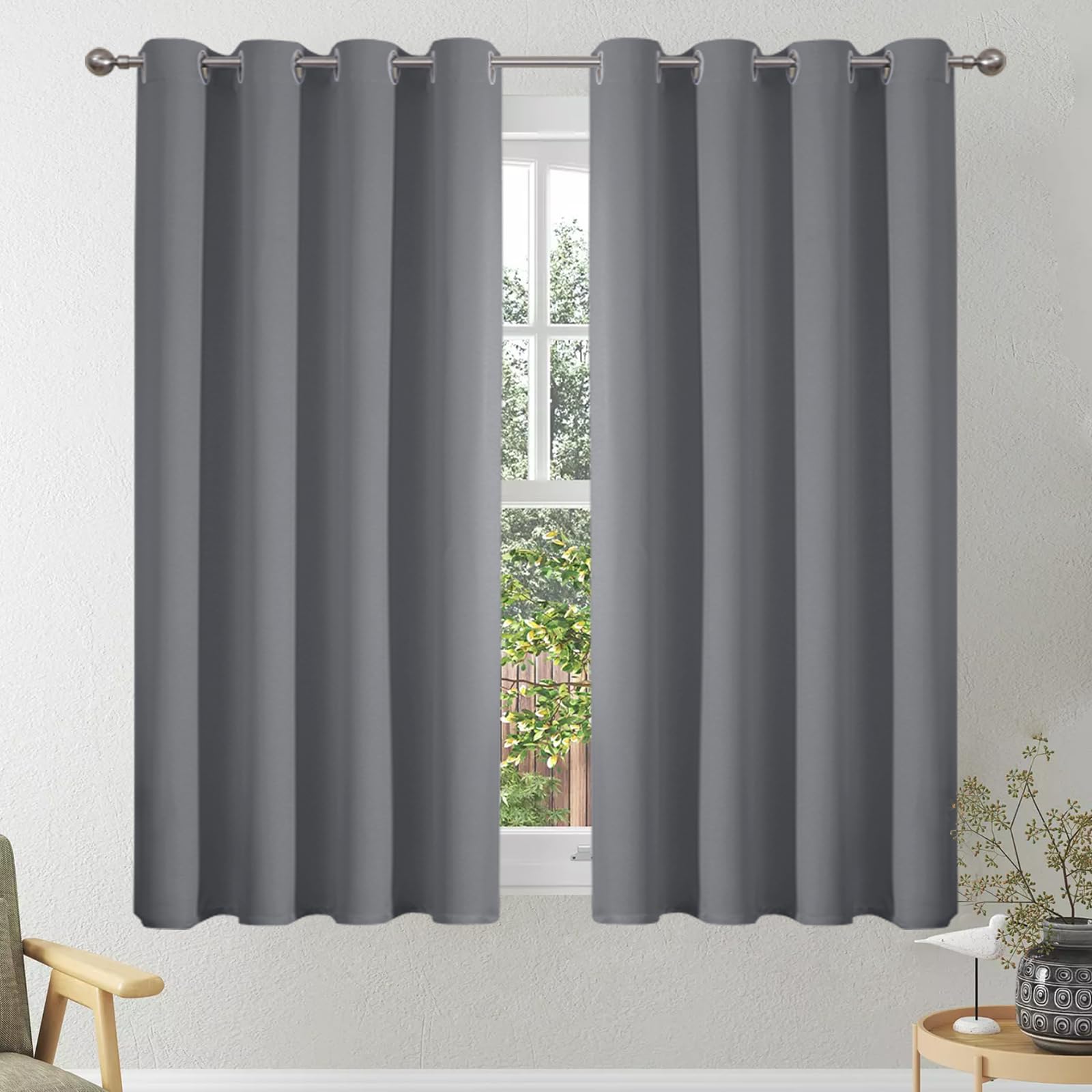 VEHEDE Blackout Short Curtains 54 Inch Drop, Eyelet Thermal Insulated Curtain for Cafe, Soft Grey Bedroom Curtains, Living Room Curtain & Drapes, W46 x L54 Inch, Grey, 2 Panels