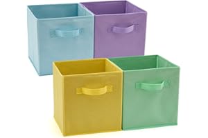 EZOWare Set of 4 Foldable Fabric Basket Bins, Collapsible Storage Organizer Cube 10.5 x 10.5 x 11 inch for Nursery, Playroom, Kids, Living Room - (Assorted Color)