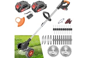 AKENUOKE Weed Wacker Eater Cordless, Electric Weed Trimmer Battery Powered with 2 2Ah Battery Operated & Charger, 26 Blades, Wheels, 3 in 1 No String Grass Trimmer/Lawn Edger/Brush Cutter for Garden Yard