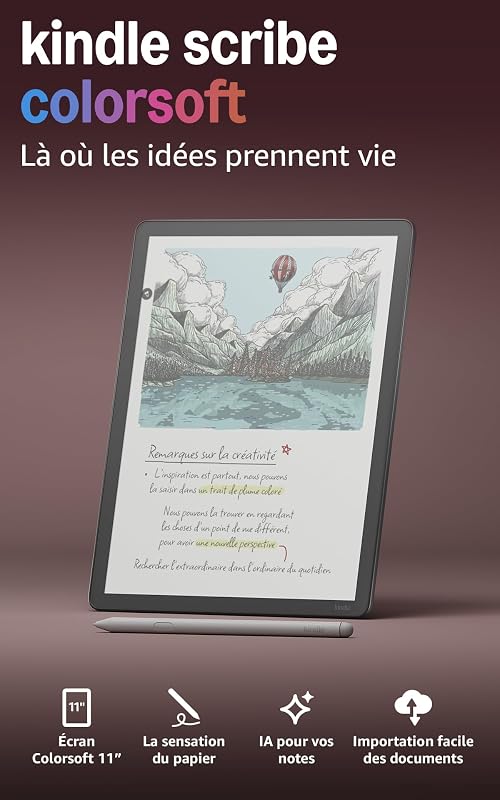 Kindle Scribe Colorsoft 32 Go (nouvelle génération) : écran couleur 11" effet papier, éclairage avant ; fin, léger, puissant ; écrivez dans le carnet, les documents et les livres (graphite)
