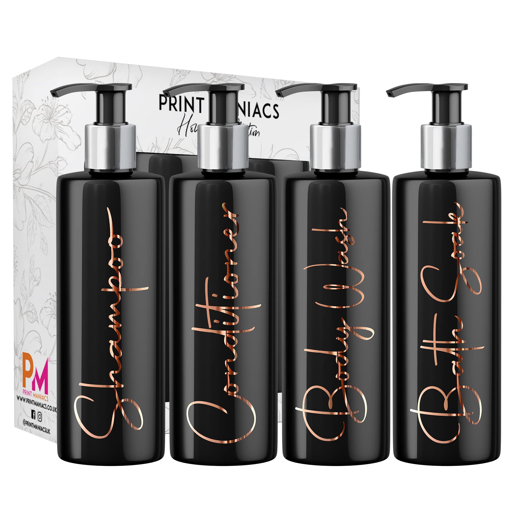 Print Maniacs Mrs Hinch Inspired Black Personalised Dispenser Silver Pump Bottles Set 4 (COPPER, F2)