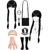 8 Piece Black Braided Wig Set for Girls Cosplay Kid Halloween Costumes | Complete Black Accessories including Wig Necklace Hairpin Socks Badge bag Lipgloss，Halloween Gothic Themed Party Cosplay