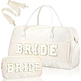 Bulyoou 2 Pcs Wedding Weekender Bag Bride Groom Duffle Bag Chenille Letter Patch Travel for Bridal Shower Honeymoon Gift(Bride,White)