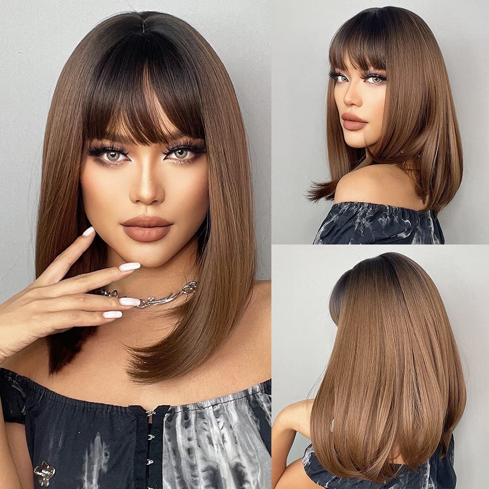 EMMOR Brown Bob Hair Wigs for Women Natural Wigs With Fringe Bangs Heat Resistant Synthetic Wigs