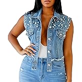 ECDAHICC Women's Luscious Bling Denim Vest Embroidered Pearl Sleeveless Button Up Denim Jacket Cropped Jean Vest