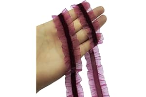 YOOGCORETT 2 Yards Vintage Wine Red Velvet Ribbons Lace Ruffled Pleated Elastic Stretch Lace Trim Ribbon for Gift Package Wrap, Wedding Decor and Crafts 25mm