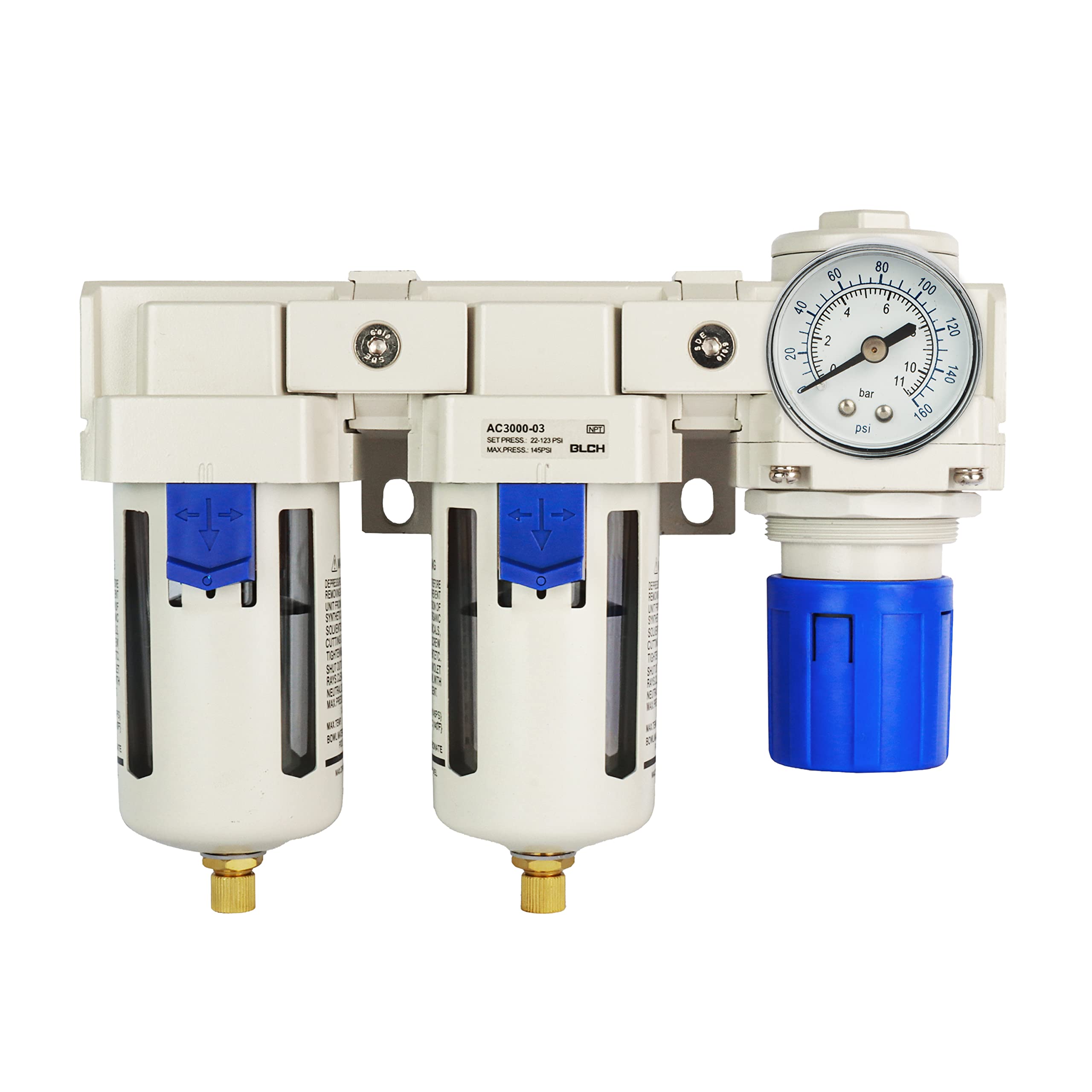 Photo 1 of BLCH 3/8" NPT Air Compressor Filter - Double Compressed Air Dryer Air Compressor Regulator AC3000-03 Semi-Auto Drain Poly Bowl Gauge 0-160 PSI Brass