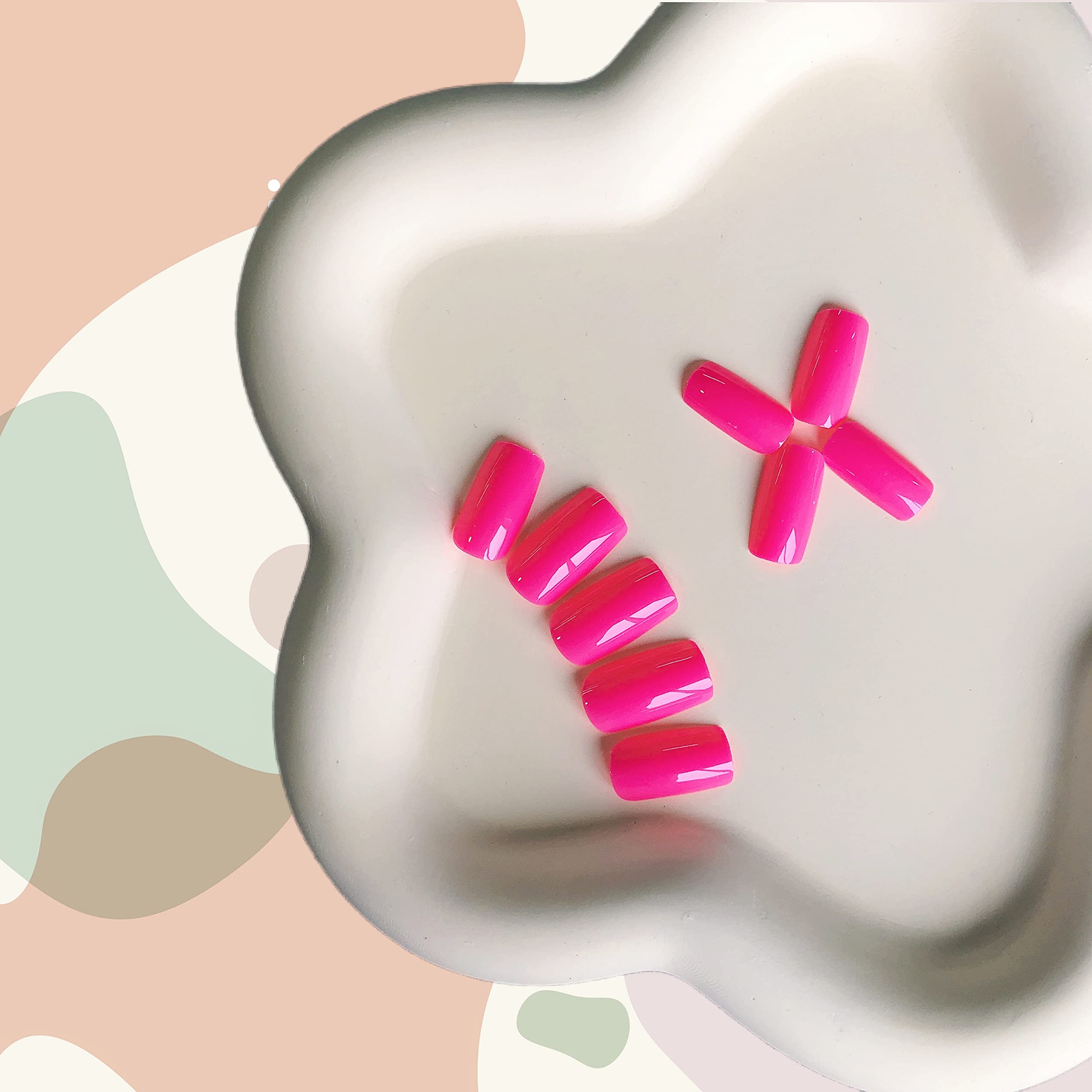 Hot Pink Nails Press ons Neon Pink Press on Nails Medium Square Glue on Nails Medium Length Short Acrylic Nails Glue on Medium Coffin Nails Fake Nails False Nails for Women Solid Color Gel Nails 24Pcs - Image 4