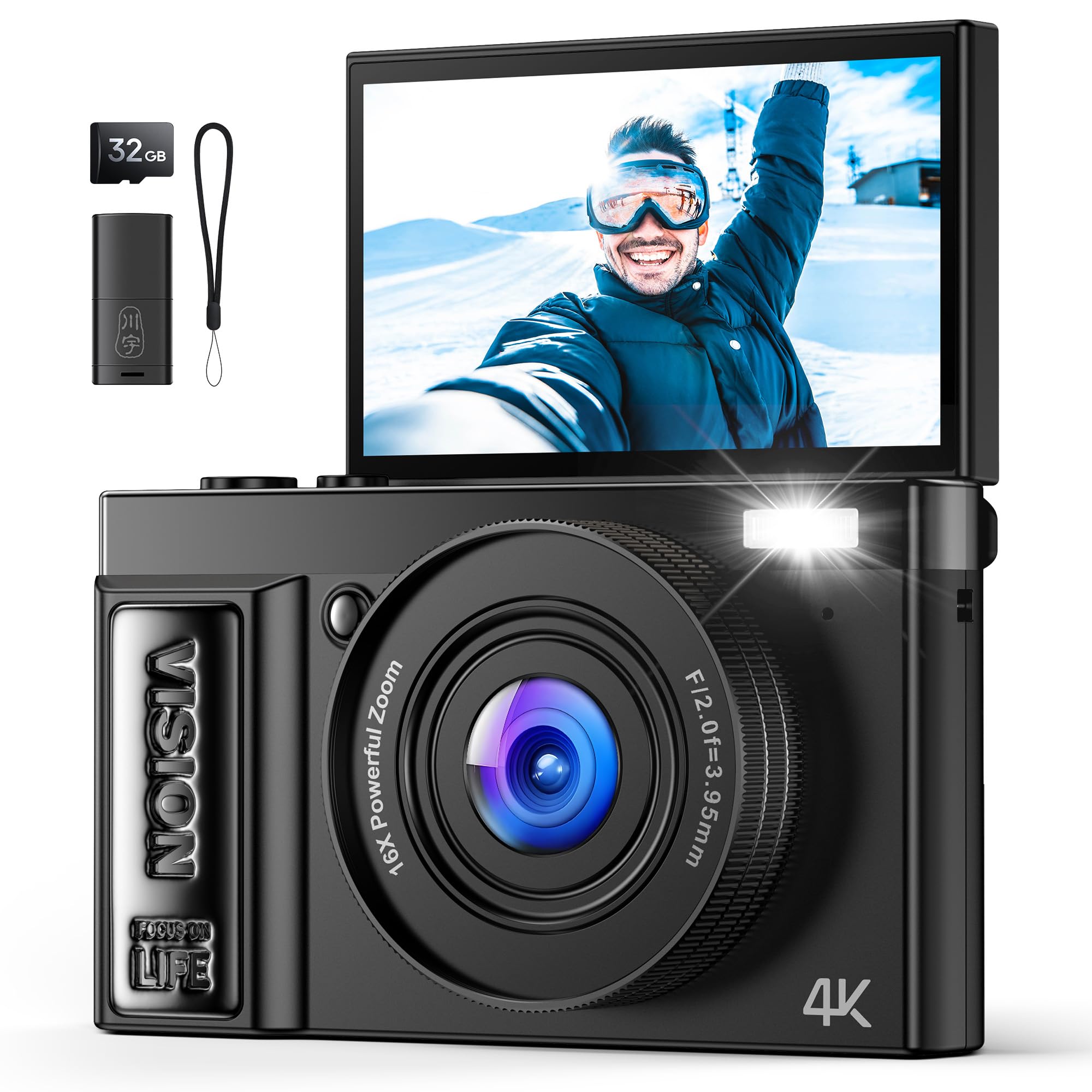 Photo 1 of Digital Camera 4K for Photography Vlogging: 64MP Cameras for Video - 16X Zoom Photo Camera Gifts for Teens Ages 8-18 - 180°Flip Screen Compact Cámara - Point and Shoot Digital Cameras for YouTube