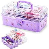 Ziliny 12.8 Inch Hair Box Organizer for Girls Hair Stuff 3 Layer Folding Art Craft Organizer with Handle Stickers Multipurpose Plastic Tool Box for Headbands, Clips, Ties, Sewing, Art Supply, Medicine