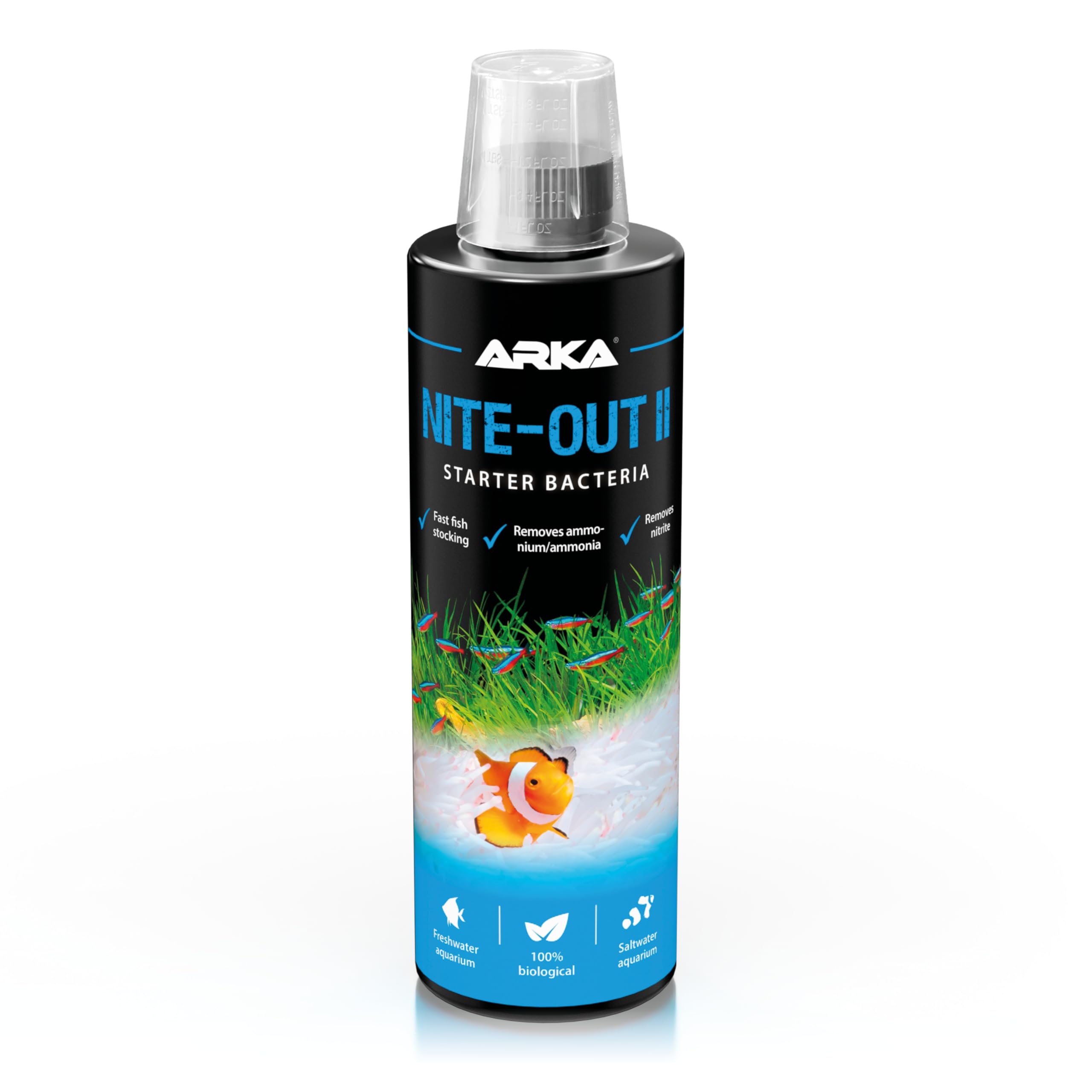 Starter bacteria aquarium 473 ml – safe start for new aquariums & fish stocking – reduces ammonia & nitrite naturally – supports stable water values & biological balance – ARKA Nite-Out II