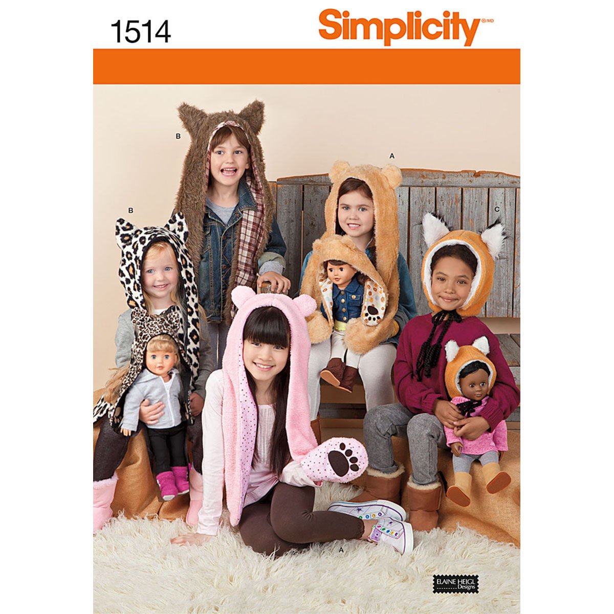 Simplicity Sewing Pattern 1514: Child's and 18" Doll Animal Hats, Size OS, Paper, White, A (S-M-L)