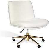 Martha Stewart Eloise Swivel Task Chair with Wide Seat for Home Office in Off White Boucle with Polished Brass Frame