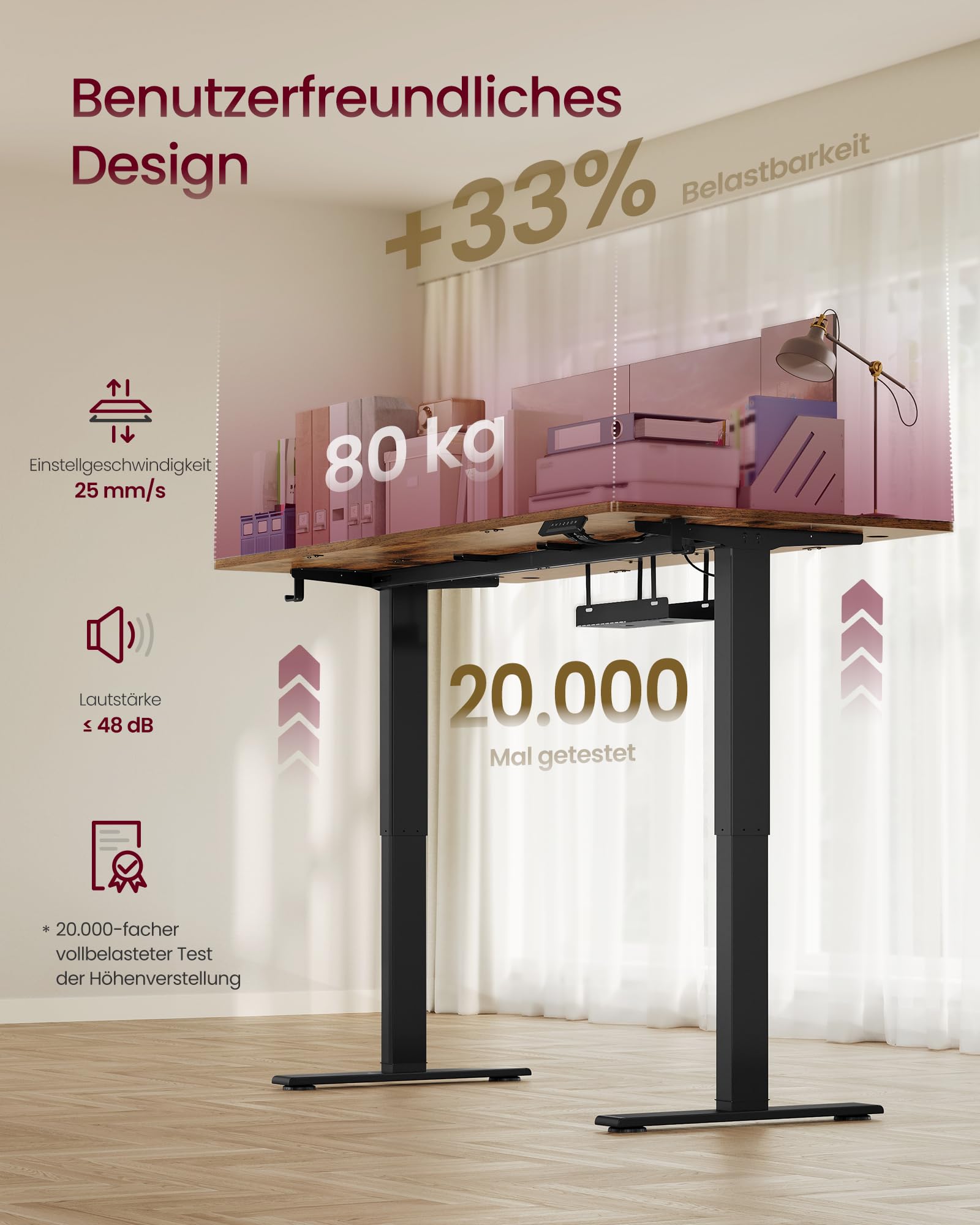 VASAGLE Höhenverstellbarer Schreibtisch, 140 x 80 cm, USB-C-Anschluss, Ablage für Steckdosenleiste, Stehtisch, Erinnerung bei langem Sitzen, 3 Speichertasten, für Büro, vintagebraun LSD144KD02 6