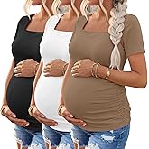 Baggyfly 3 Pack Women's Maternity Shirts Square Neck Side Ruched Short Sleeve Maternity Tops Casual Knitted Pregnancy Tees