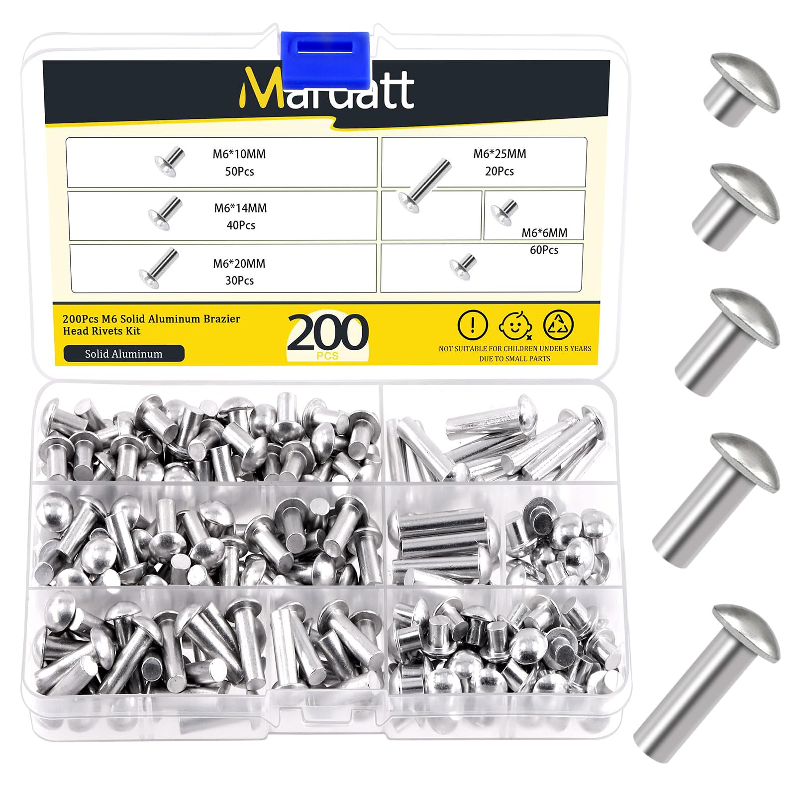 Mardatt 200Pcs M6 Solid Aluminum Brazier Head Rivets, 6mm 10mm 14mm 20mm 25mm Length Aluminum Rivets Fastener, Plain Finish, Solid Rivet Kit M6 Flat Head Solid Rivets Assortment Kit for Industry